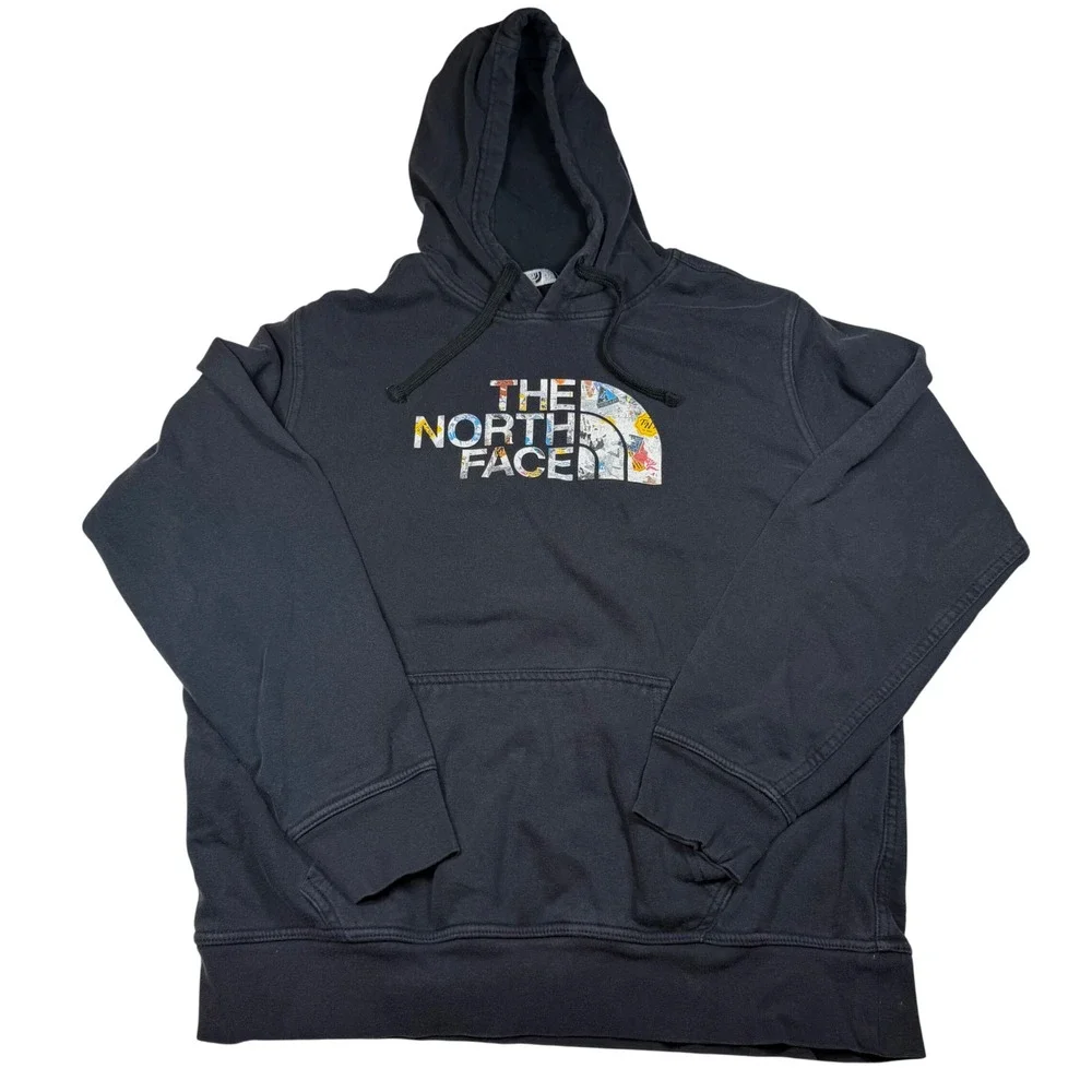 The North Face Hoodie Men Large Black Half Dome Collage Sticker Graphic Pullover